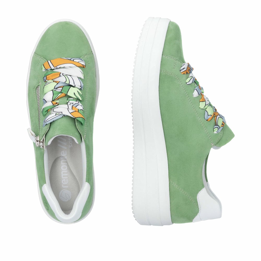 Grüne remonte Damen Sneaker Low D1C06-53 mit Reißverschluss sowie Komfortweite G. Schuh von oben, liegend.