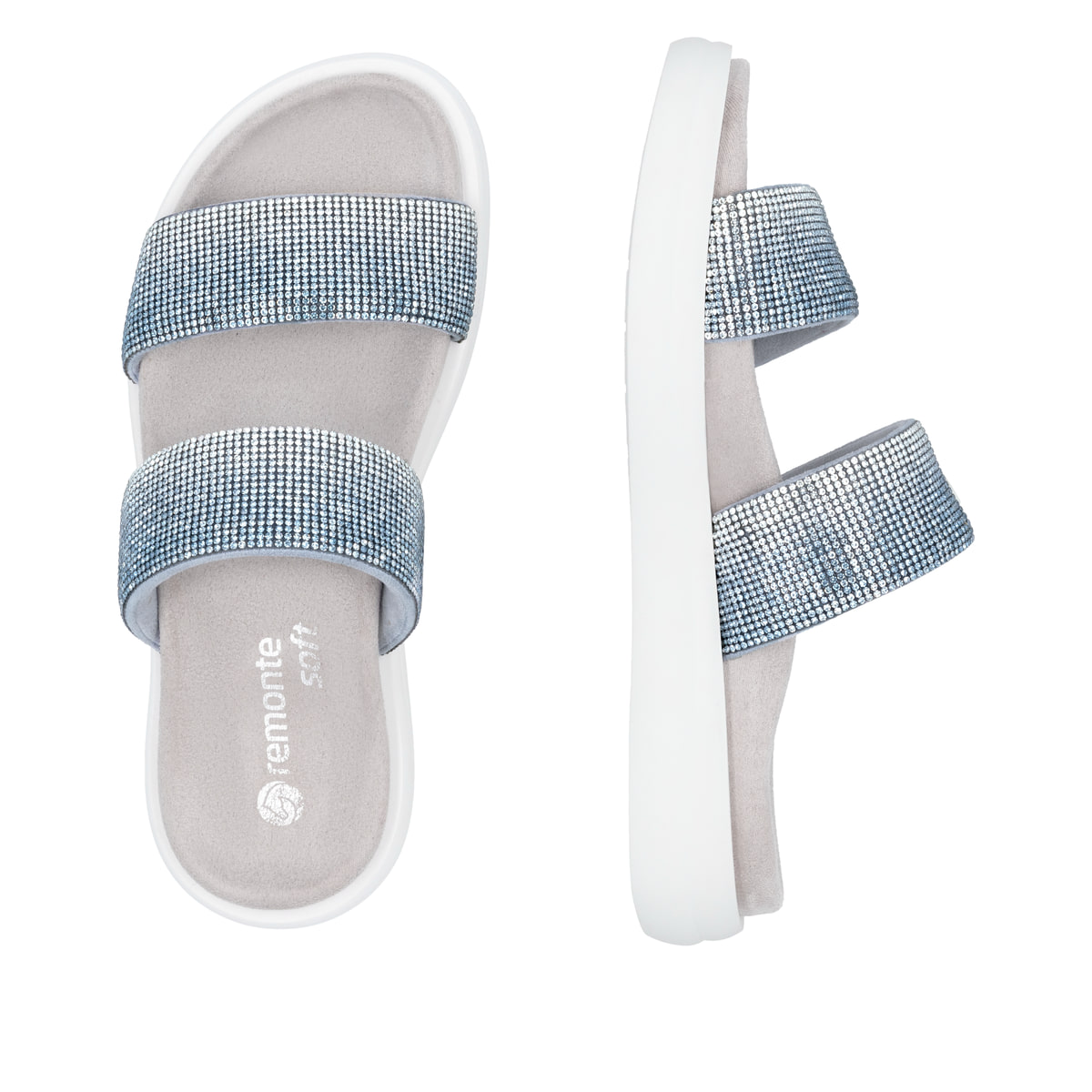 Blaue vegane remonte Damen Pantoletten D2N50-14 mit einem weichen Fußbett. Schuh von oben, liegend.