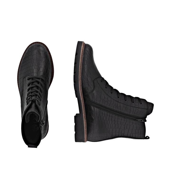 Schwarze remonte Damen Schnürstiefel D2Q71-02 mit einem Reißverschluss. Schuh von oben, liegend.