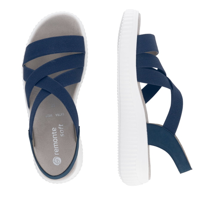 Blaue remonte Riemchensandalen D3L52-14 mit einem Gummizug sowie Extraweite H. Schuh von oben, liegend.