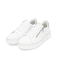 Weiße remonte Damen Sneaker Low D2E01-80 mit Reißverschluss sowie Komfortweite G. Schuhpaar seitlich schräg.