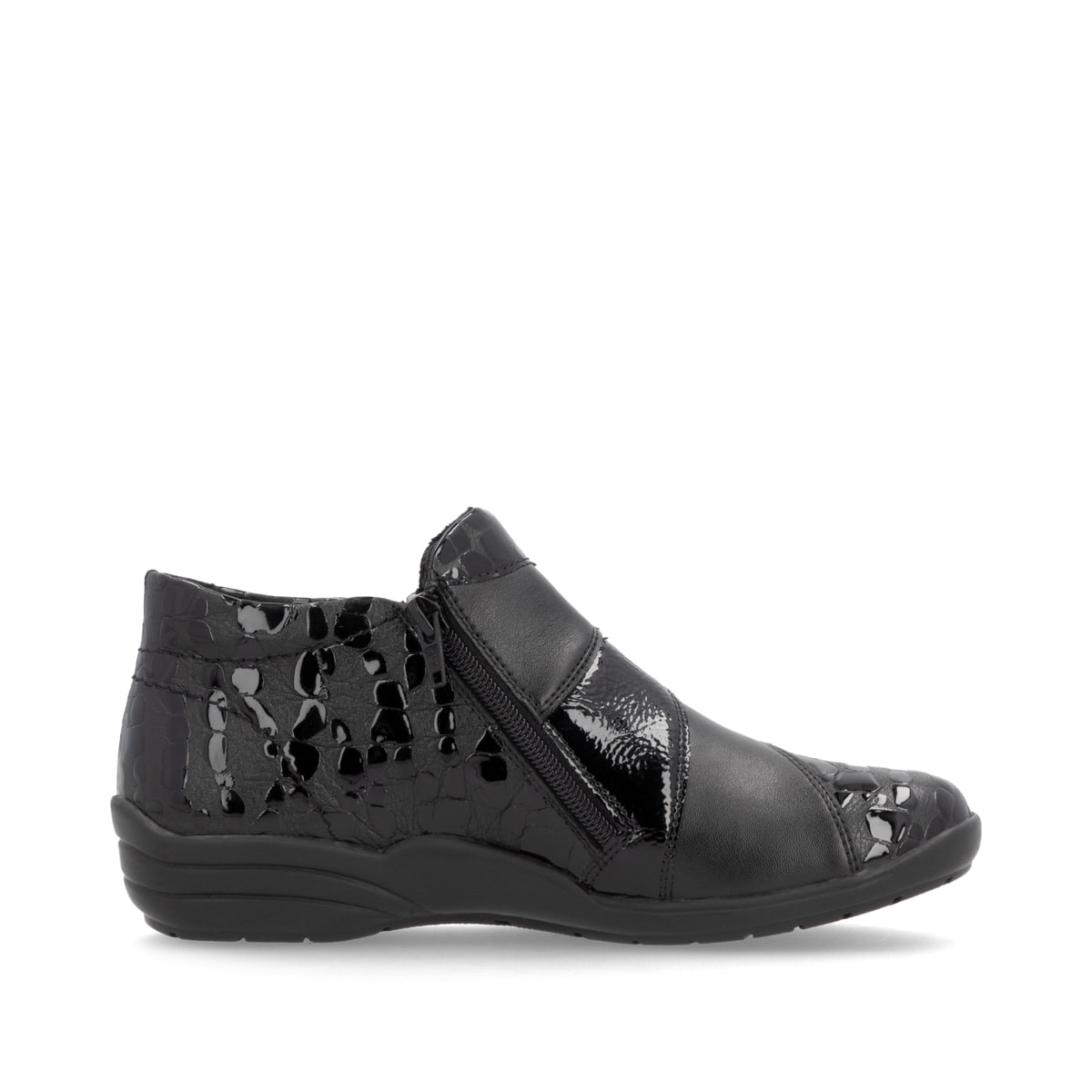 Schwarze remonte Damen Kurzstiefel R7674-04 mit einem Reißverschluss. Schuh Innenseite.