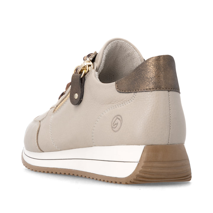 Baskets basses remonte beiges pour femmes D0H11-62 avec fermeture éclair. Chaussure vue de l'arrière.
