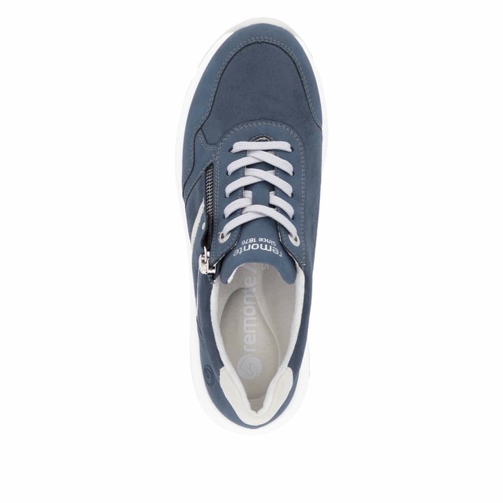 Blaue vegane remonte Damen Sneaker Low D1S04-14 mit einem Reißverschluss. Schuh von oben.