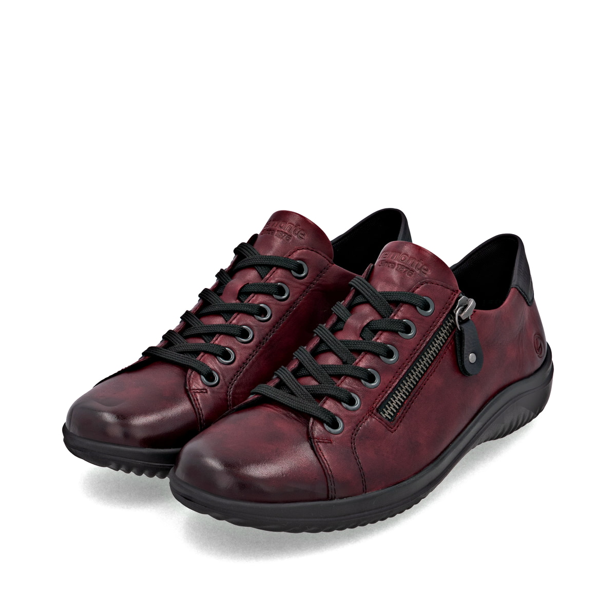 Rote remonte Damen Schnürschuhe D1E03-35 mit Reißverschluss sowie Komfortweite G. Schuhpaar seitlich schräg.