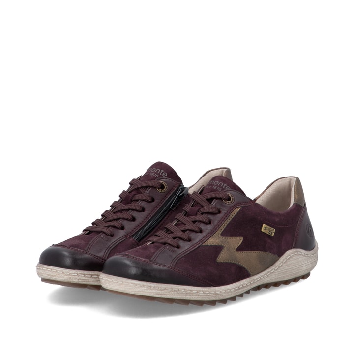 Weinrot-bronzene remonte Damen Schnürschuhe R1443-35. Schuhpaar seitlich schräg.