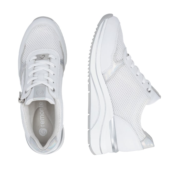Weiße vegane remonte Damen Sneaker Low D0T19-80 mit einem Reißverschluss. Schuh von oben, liegend.