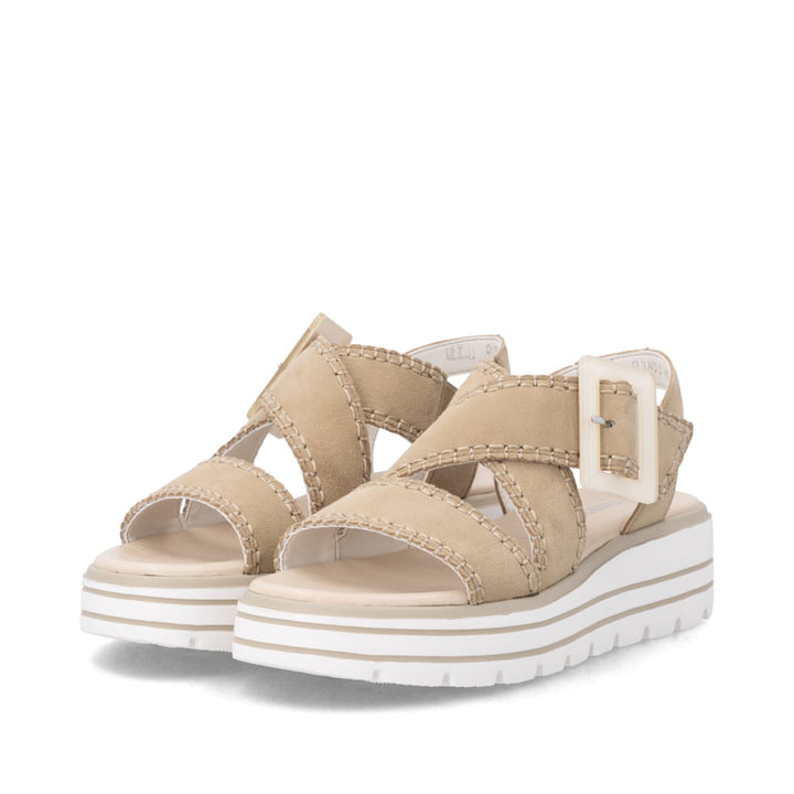 Sandales compensées remonte beiges femme D3N51-62 avec boucle tendance. Chaussures inclinées sur le côté.