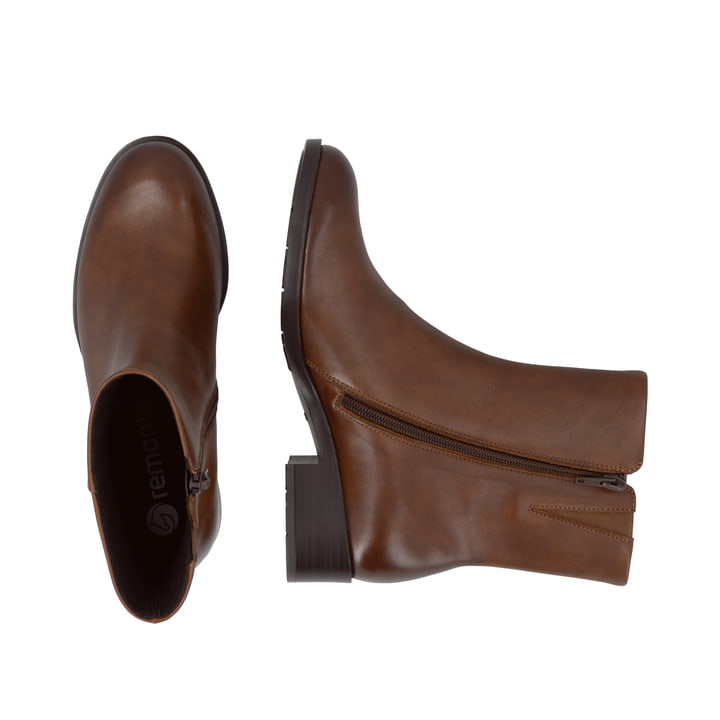 Braune remonte Damen Stiefeletten D3U73-22 mit einem Reißverschluss. Schuh von oben, liegend.