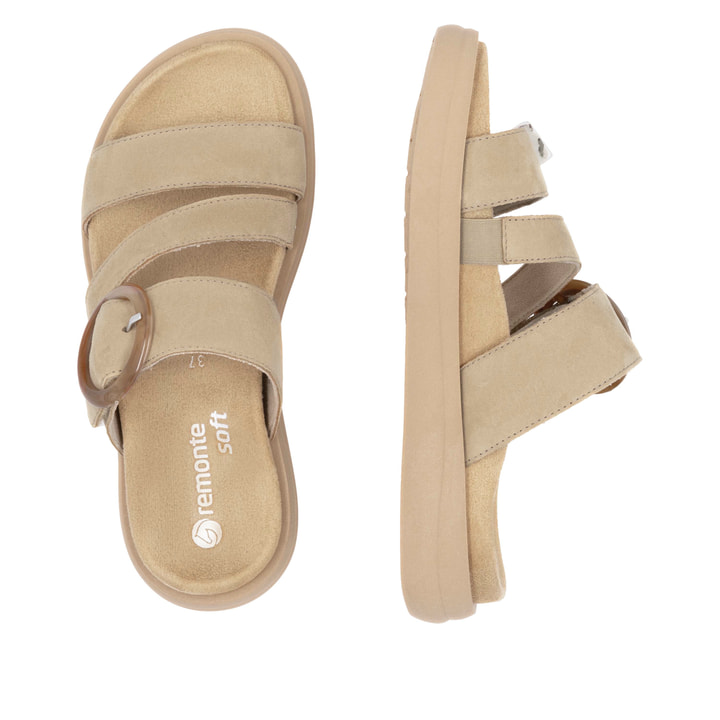 Beige remonte Damen Pantoletten D2N53-62 mit einem Klettverschluss. Schuh von oben, liegend.