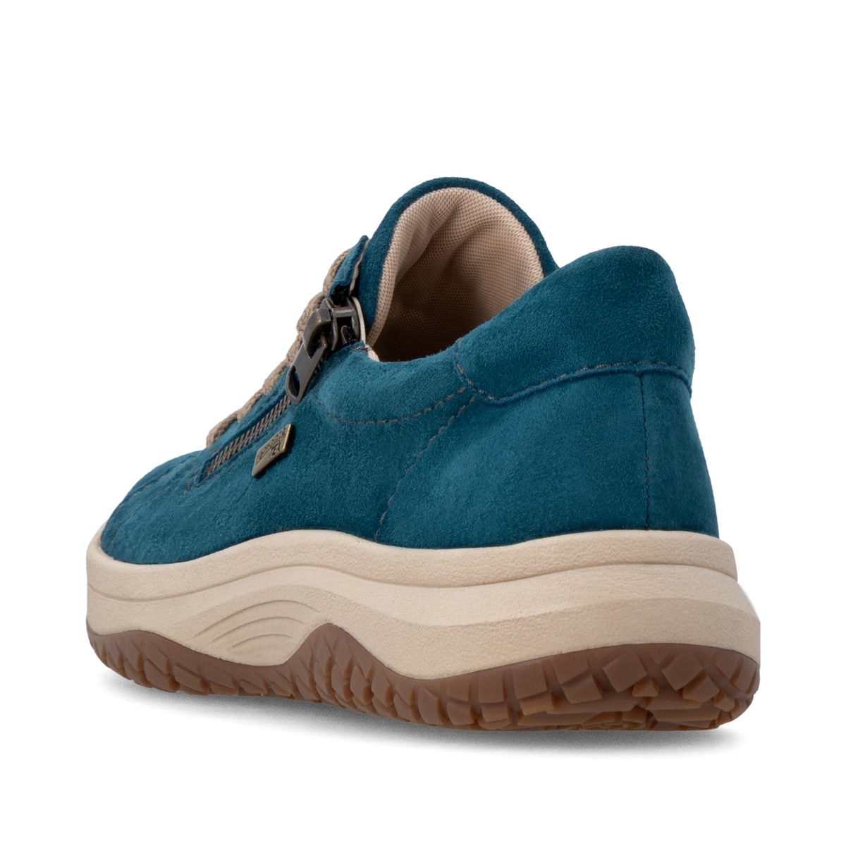 Petrolfarbene remonte Damen Schnürschuhe D3Q00-12. Schuh von hinten.