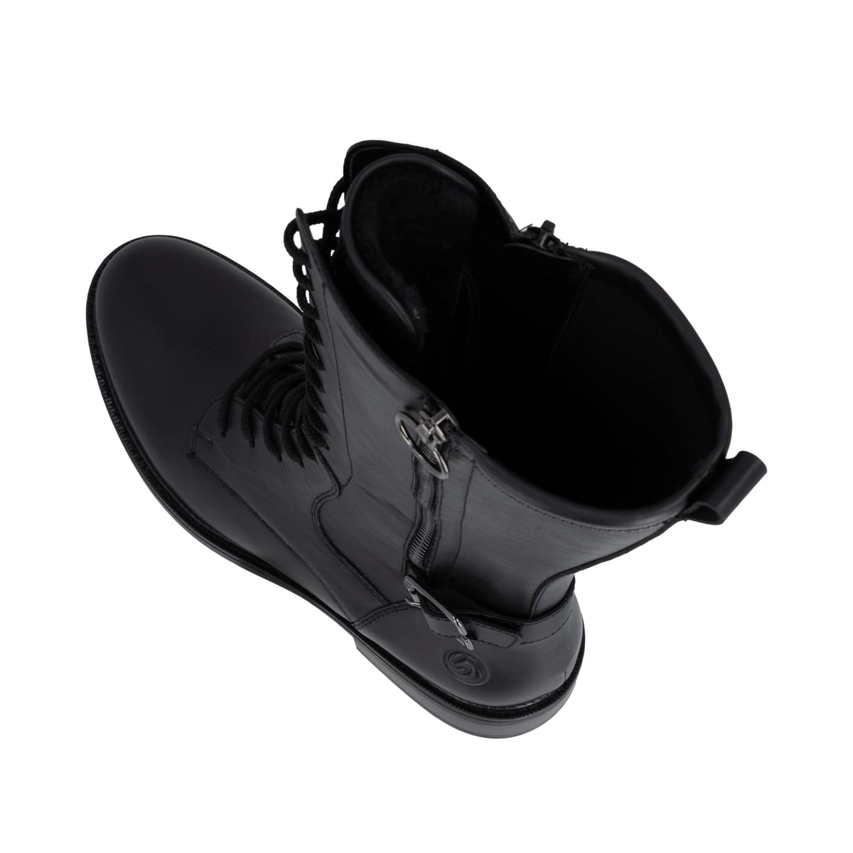 Schwarze remonte Hochschaftstiefel D2W71-00 mit Deko-Schnalle. Schuh von oben, liegend.