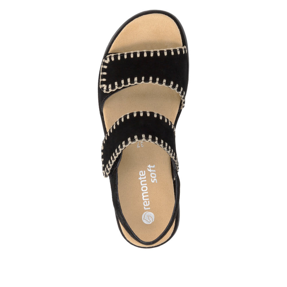 Schwarze remonte Riemchensandalen D3P50-02 mit handgestickten Nähten. Schuh von oben.