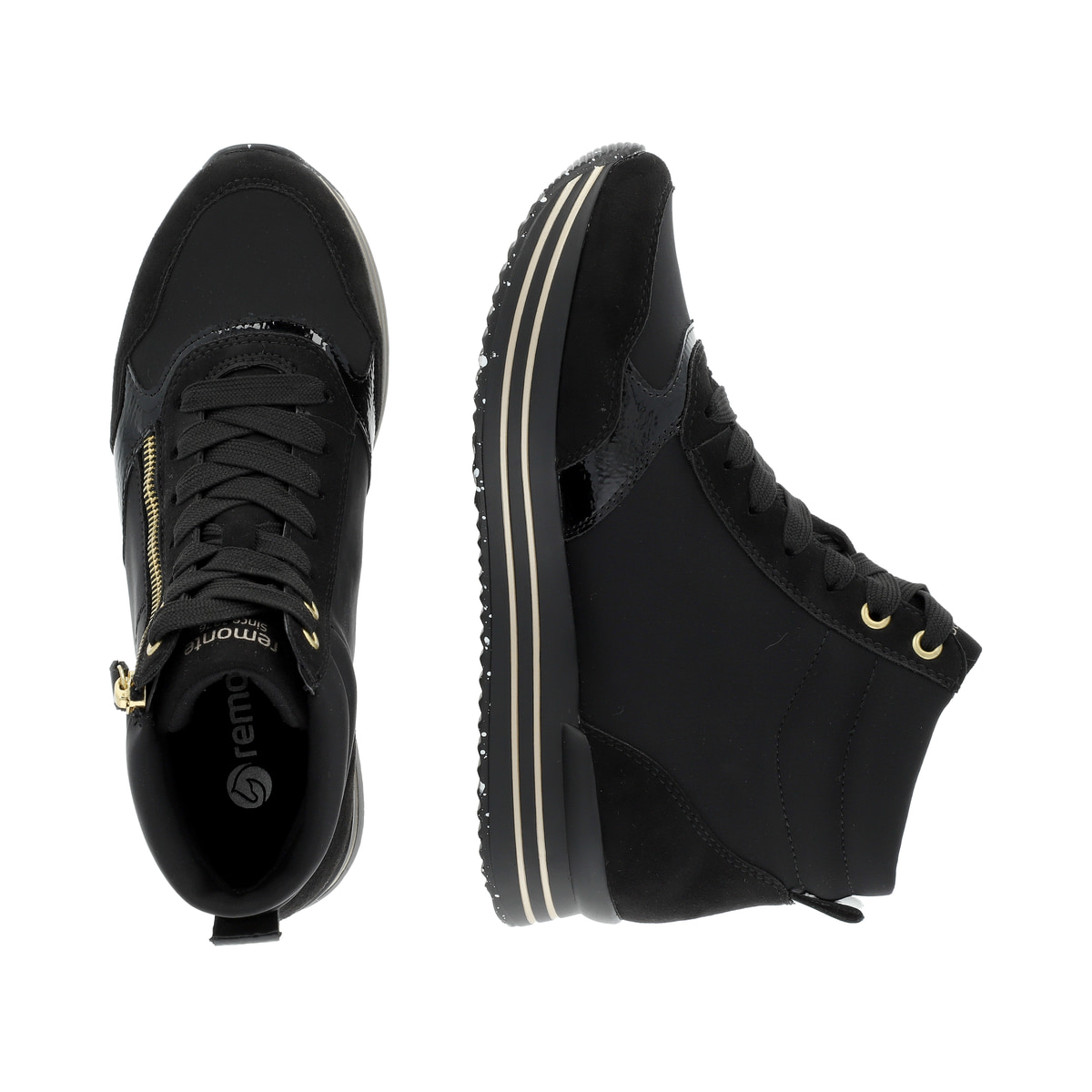 Schwarze remonte Damen Sneaker D1370-01 mit Reißverschluss sowie Komfortweite G. Schuh von oben, liegend.