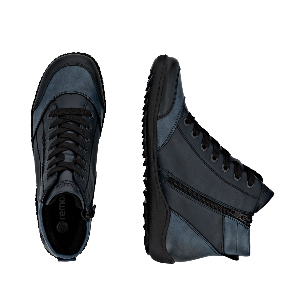 Blaue remonte Damen Kurzstiefel R1456-14 mit wasserabweisender TEX-Membran. Schuh von oben, liegend.