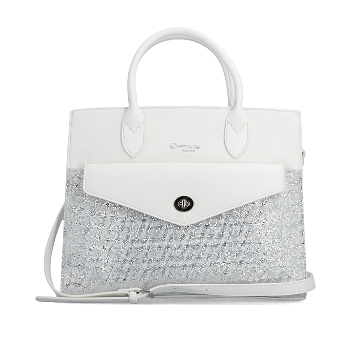 Sac à main remonte Q0765-80 blanc avec paillettes étincelantes et bretelle détachable ajustable. Devant.
