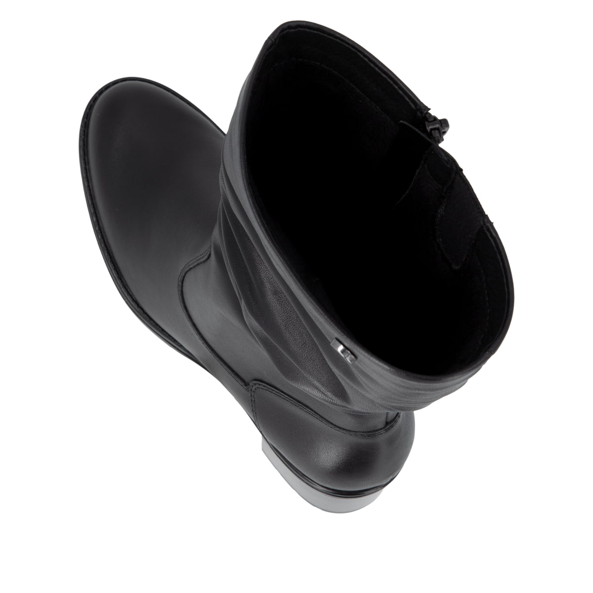 Schwarze remonte Damen Stiefeletten D2A79-00 mit gerafftem Schaft. Schuh von oben, liegend.