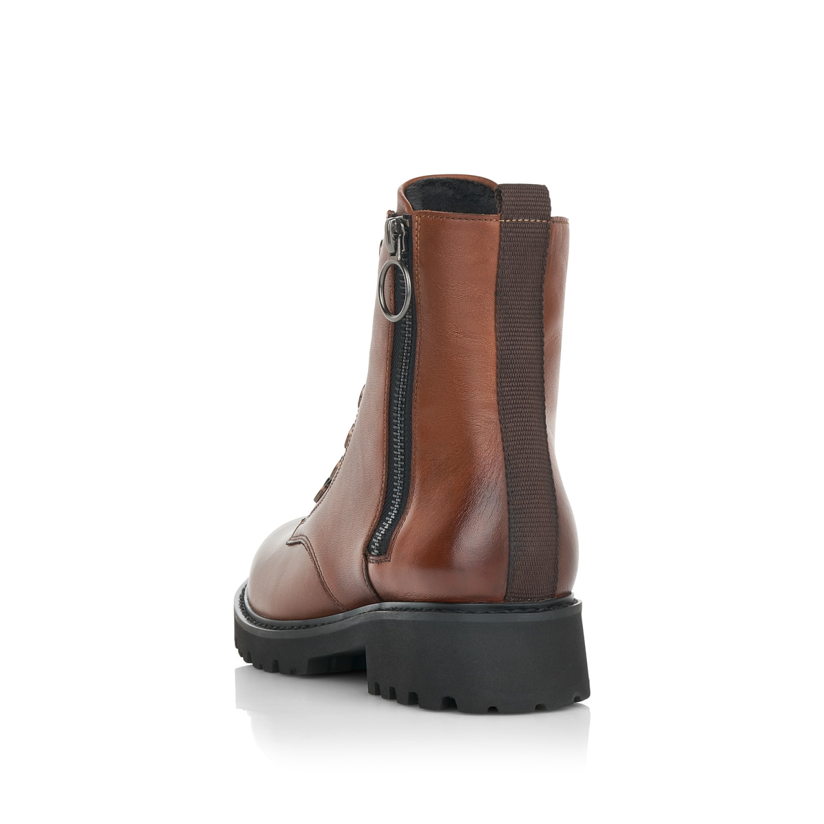 
Schokobraune remonte Damen Biker Boots D8671-22 mit Schnürung und Reißverschluss. Schuh von hinten