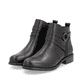 Nachtschwarze remonte Damen Stiefeletten D0F77-00 mit Schmuck-Element. Schuhpaar seitlich schräg.
