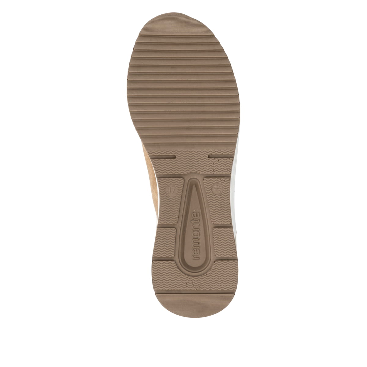 Camelfarbene remonte Damen Sneaker D0T03-64 mit einem Reißverschluss. Schuh Laufsohle.