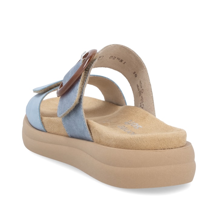 Blaue vegane remonte Damen Pantoletten D2N51-10 mit einem Klettverschluss. Schuh von hinten.