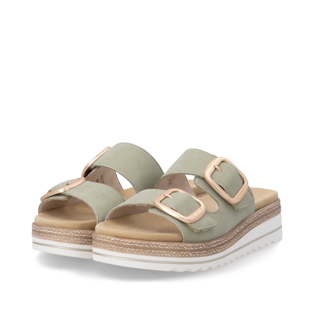 Mules remonte vertes pour femme D0Q66-52 avec boucle tendance. Chaussures inclinées sur le côté.