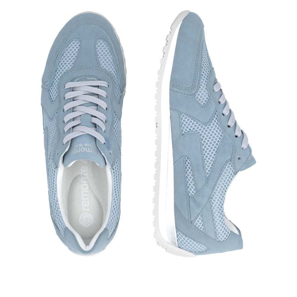 Blaue vegane remonte Damen Sneaker D3H01-10 mit Schnürung sowie der Extraweite H. Schuh von oben, liegend.