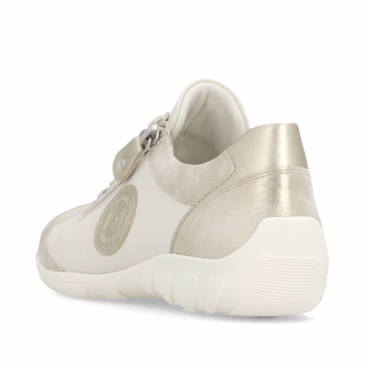 Beige vegane remonte Damen Schnürschuhe R3408-61 mit einem Reißverschluss. Schuh von hinten.