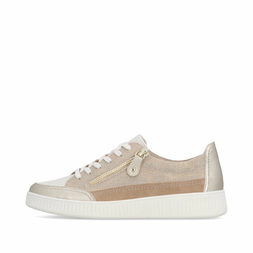 Beige vegane remonte Damen Sneaker D2E06-60 mit einem Reißverschluss. Schuh Außenseite.
