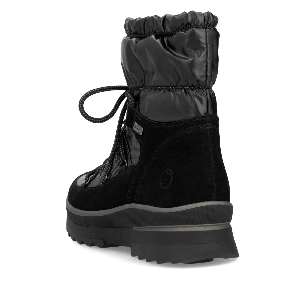 Schwarze remonte Damen Kurzstiefel D2B70-02 mit griffiger Glass-Fibre Sohle. Schuh von hinten.