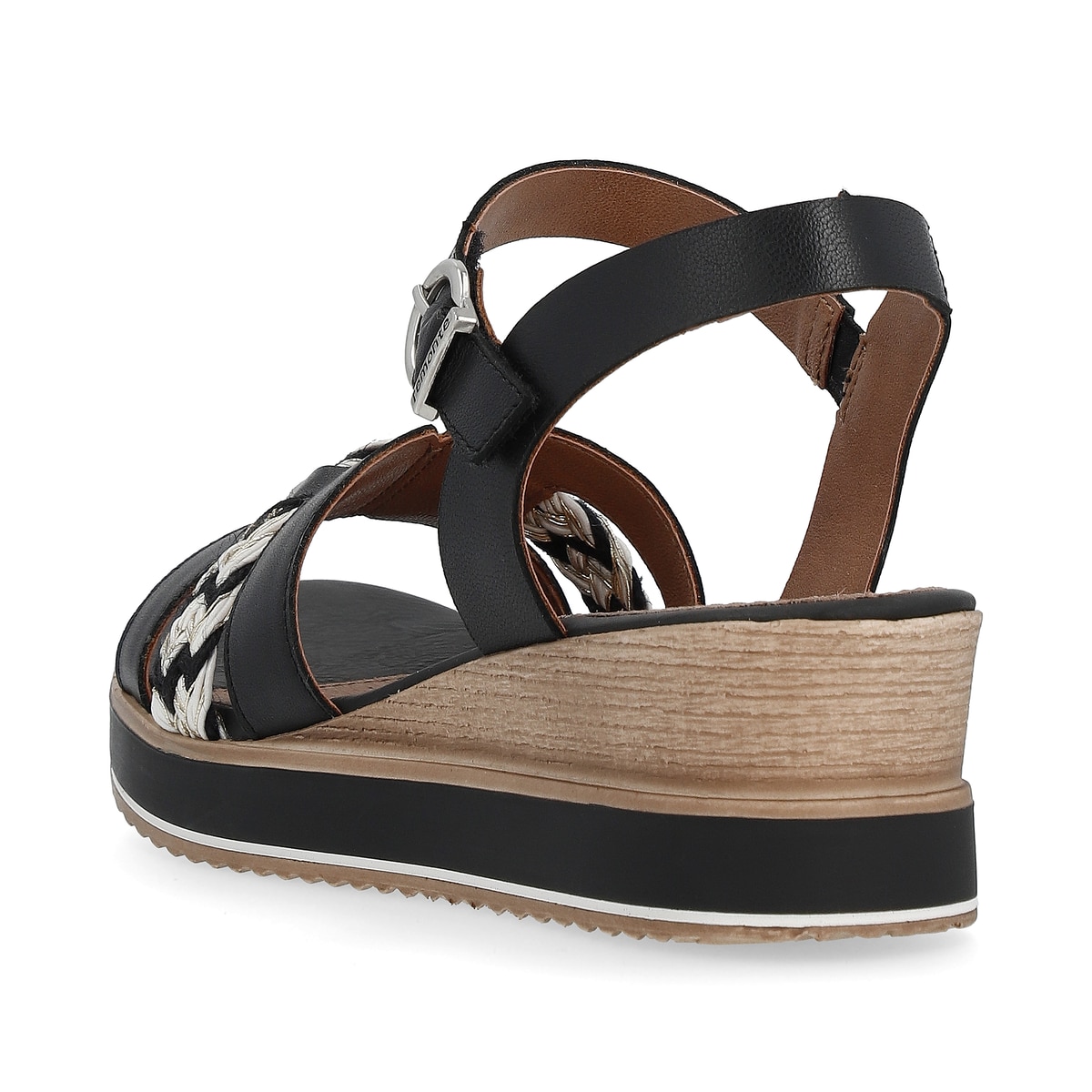 Schwarze remonte Keilsandaletten D6461-02 mit einem Klettverschluss. Schuh von hinten.