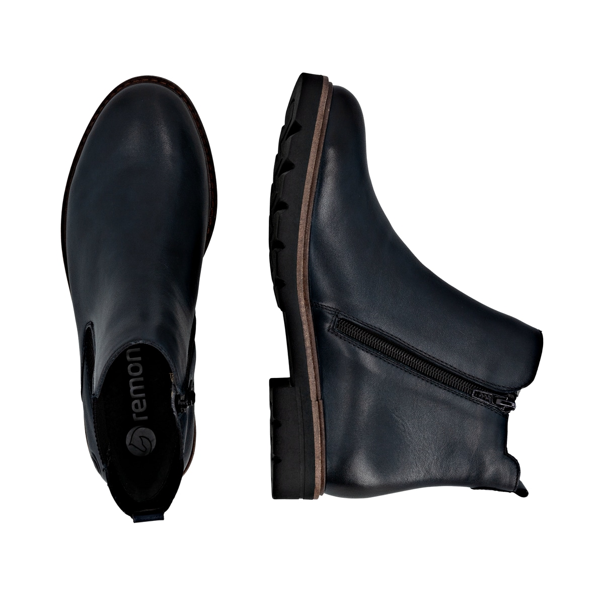 Blaue remonte Chelsea Boots D2Q70-14 mit wasserabweisender remonteTEX-Membran. Schuh von oben, liegend.