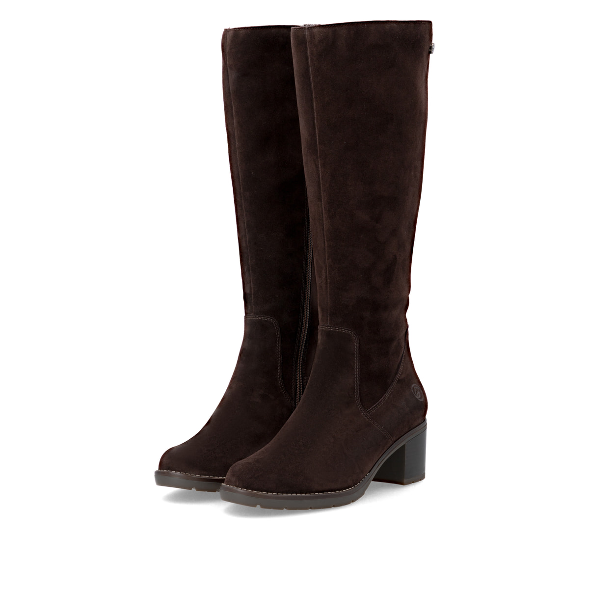 Dunkelbraune remonte Hochschaftstiefel D2A78-25 mit einem Reißverschluss. Schuhpaar seitlich schräg.