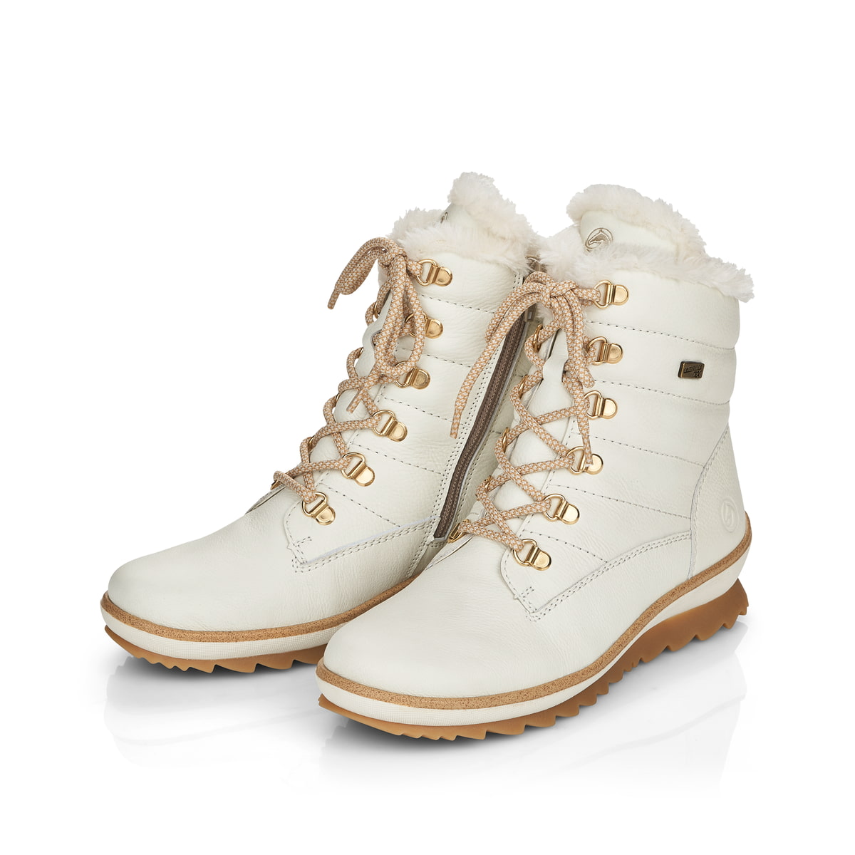 Perlweiße remonte Damen Schnürstiefel R8480-80 mit Schnürung und Reißverschluss. Schuhpaar schräg.