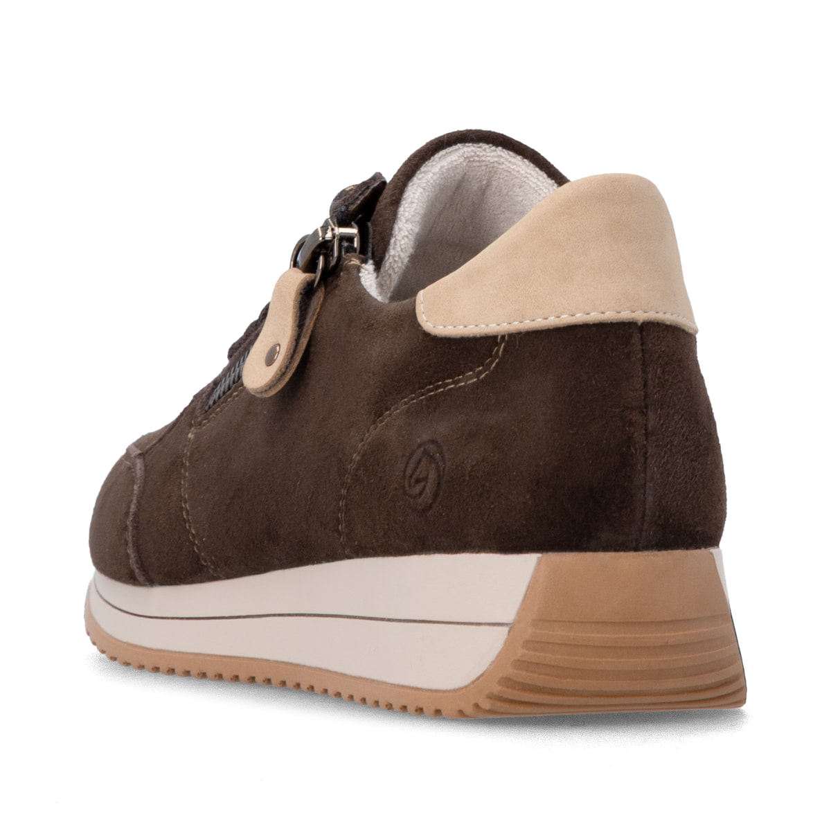 Dunkelbraun-beige remonte Damen Sneaker D0H19-25 mit einem Reißverschluss. Schuh von hinten.