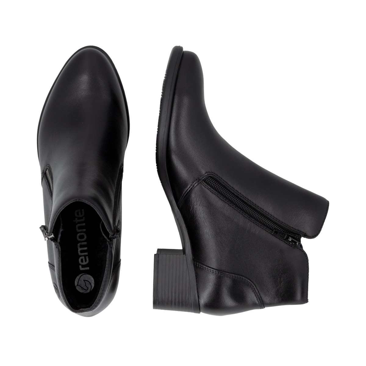 Schwarze remonte Damen Stiefeletten R5190-00 mit einem Reißverschluss. Schuh von oben, liegend.