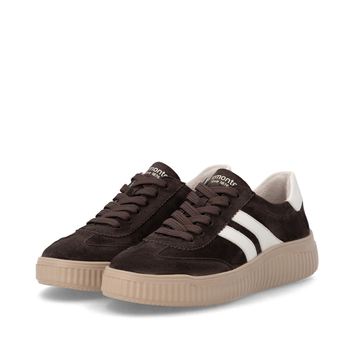 Dunkelbraune remonte Damen Sneaker D3E00-25 mit lightsole+ sowie einer Schnürung. Schuhpaar seitlich schräg.