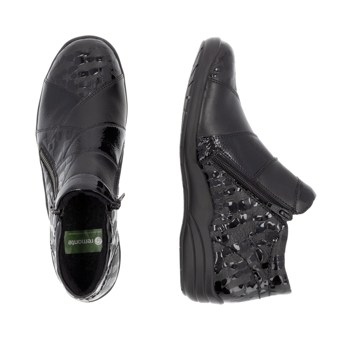 Schwarze remonte Damen Kurzstiefel R7674-04 mit einem Reißverschluss. Schuh von oben, liegend.