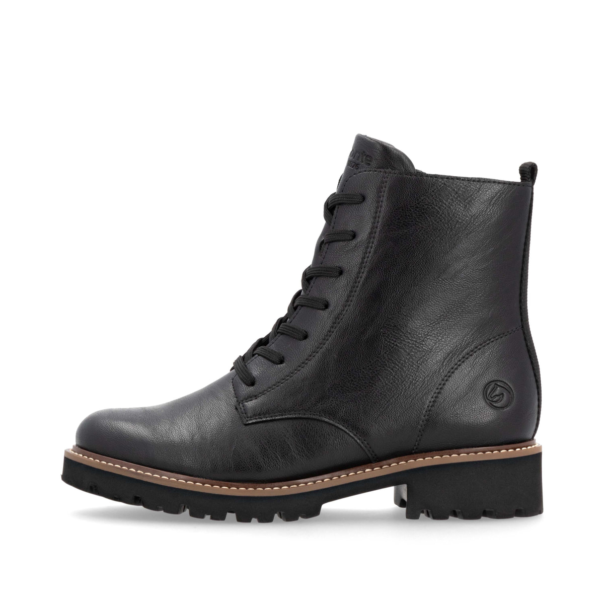 Schwarze remonte Damen Schnürstiefel D8661-00 mit einem Reißverschluss. Schuh Außenseite.