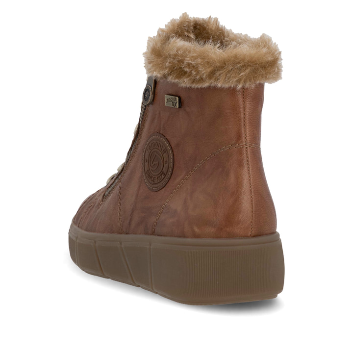 Braune remonte Damen Schnürstiefel D1T72-22 mit wasserabweisender TEX-Membran. Schuh von hinten.