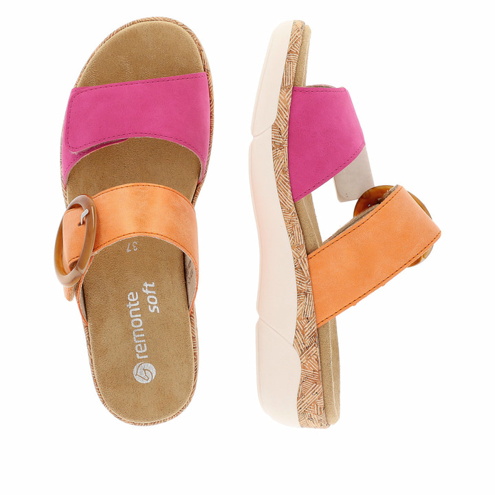 Orangene remonte Damen Pantoletten R6858-38 mit einem Klettverschluss. Schuh von oben, liegend.