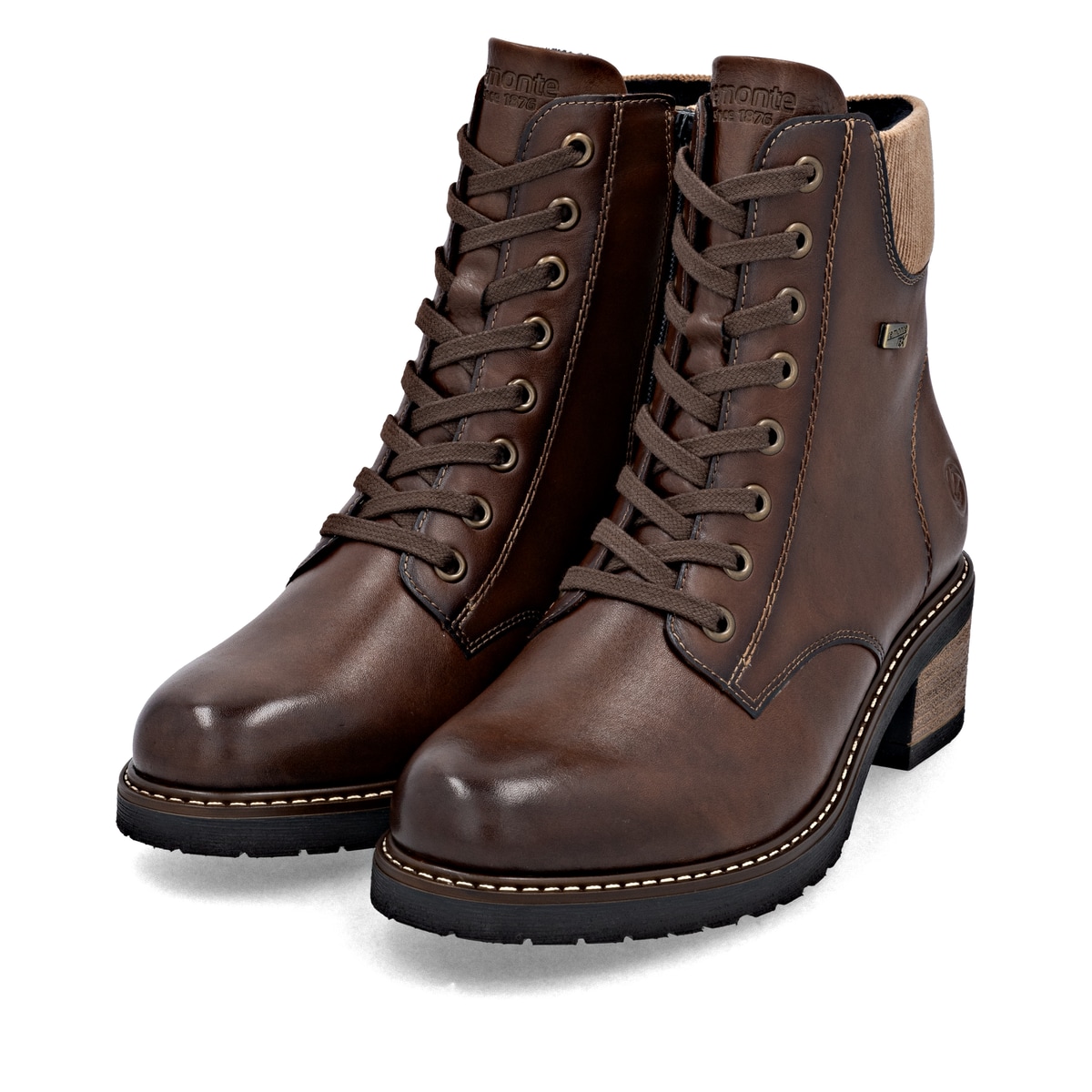 Braune remonte Damen Stiefeletten D1A70-24 mit wasserabweisender TEX-Membran. Schuhpaar seitlich schräg.