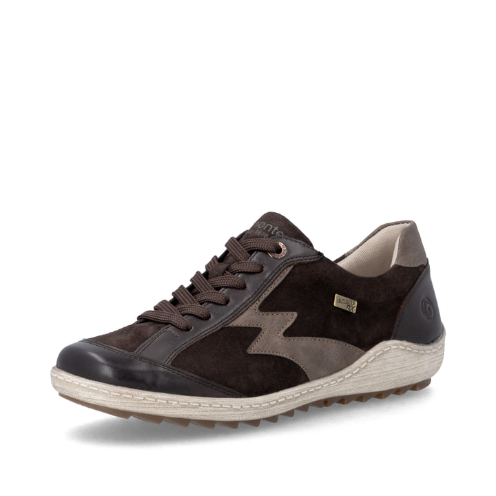 Dunkelbraun-bronzene remonte Damen Schnürschuhe R1443-25. Schuh seitlich schräg.