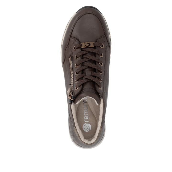 Dunkelbraune remonte Damen Sneaker R6777-25 mit wasserabweisender TEX-Membran. Schuh von oben.