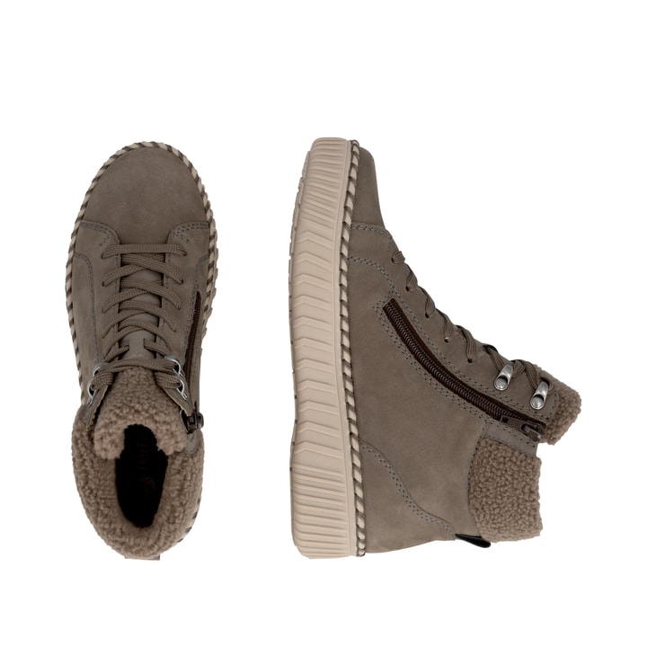 Graue remonte Damen Schnürstiefel D4A74-42 mit wasserabweisender TEX-Membran. Schuh von oben, liegend.