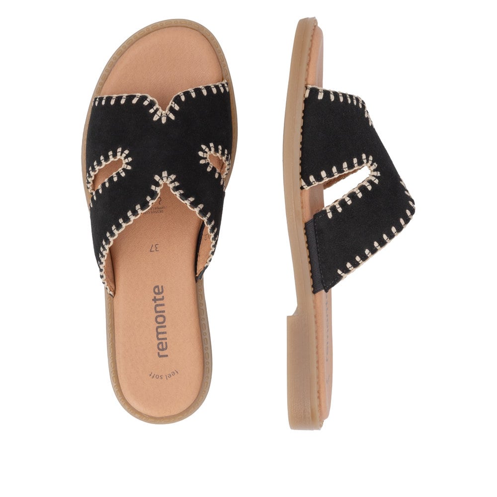 Schwarze remonte Damen Pantoletten D3645-02 mit handgestickten Nähten. Schuh von oben, liegend.