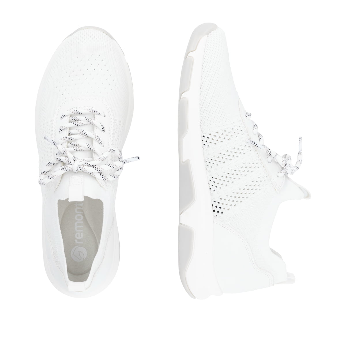 Weiße remonte Damen Slipper D1S05-80 mit einem Gummizug sowie der Komfortweite G. Schuh von oben, liegend.