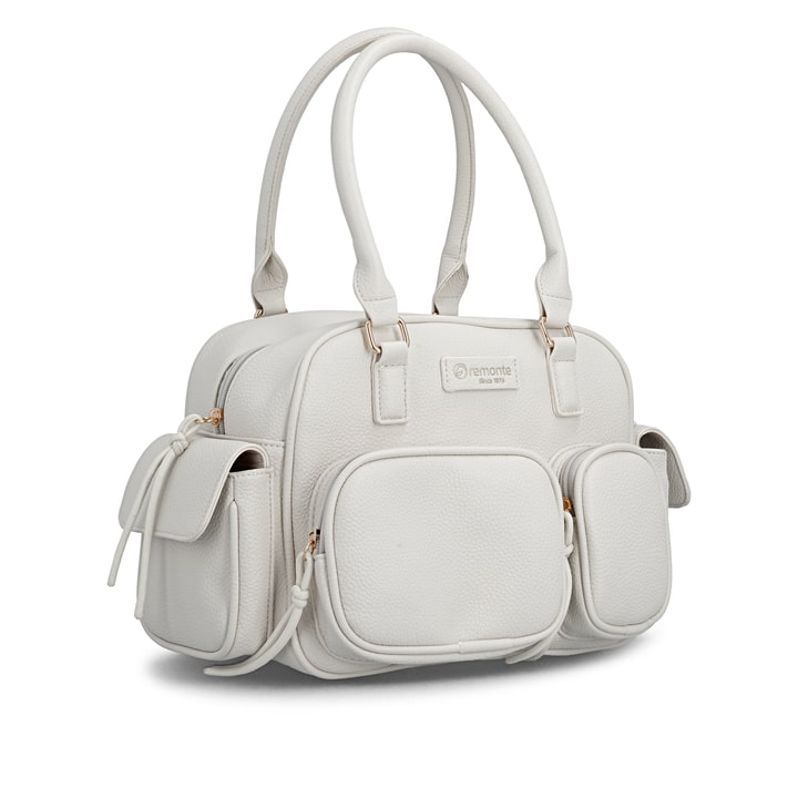Sac à main remonte Q0769-60 blanc avec finitions métalliques et fermeture éclair. Côté gauche.