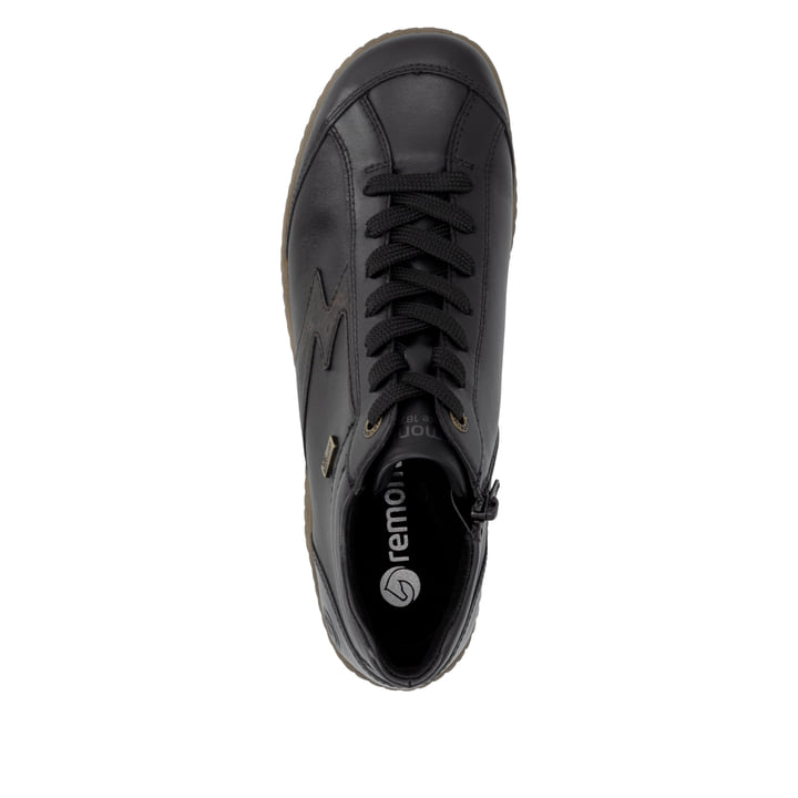 Schwarz-bronzene remonte Damen Schnürstiefel R1454-03. Schuh von oben.