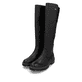 
Asphaltschwarze remonte Damen Hochschaftstiefel D0B72-01 mit einer Profilsohle. Schuhpaar schräg.